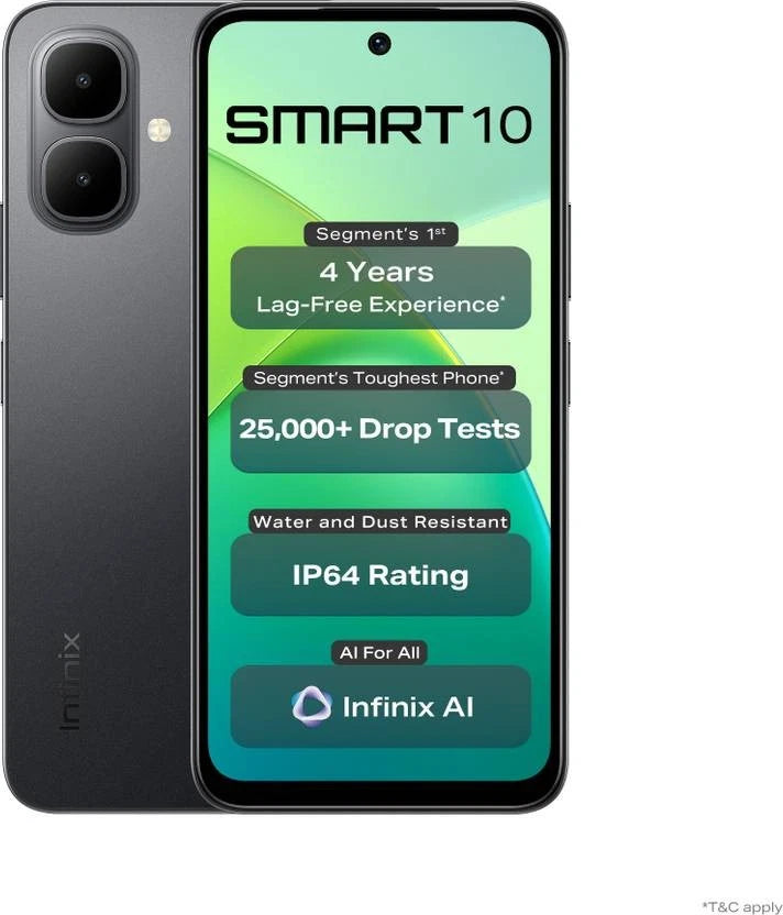 Infinix Smart 10 in Sleek Black, back beside the front with the SMART10 spec list on screen